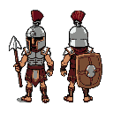 8-frame 128x128 pixel art gladiator sprite, top-down (not from the side): front, back, left, right. helmet, crest, chest plate, gladius, shield.