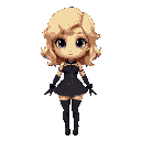 wavy blond hair, pale skin, big eyes, dark corset, stockings, ruffles, gloves, hourglass figure, soft thighs, toned legs