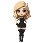 wavy blond hair, pale skin, big eyes, dark corset, stockings, ruffles, gloves, hourglass figure, soft thighs, toned legs