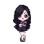 portrait,pixel art,sdv style,stardew valley style, cartoon, 1girl, female, solo, thighs, clowncore, goth clown, pastel goth, long black hair, wavy hair, silky hair, pale skin, doll-like, big eyes, hug