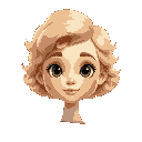 blond hair girl with curly short hair, round face, pretty, makeup, big eyes