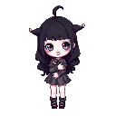 portrait,pixel art,sdv style,stardew valley style, cartoon, 1girl, female, solo, thighs, clowncore, goth clown, pastel goth, long black hair, wavy hair, silky hair, pale skin, doll-like, big eyes, hug