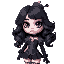 goth clowncore, pastel goth, wavy black hair, pale skin, dark teardrop makeup, corset, stockings, ruffles, gloves, tiny top hat, hourglass figure, soft thighs, toned legs, mature, pink, serious look
