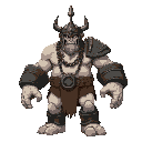 half-giant with pale skin, huge torso, short thick legs, arms end in boulders marked “big one,” no fingers. iron bucket helmet with tall central spike, vision slit. chains drape over chest.