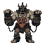 massive half-giant with chained limbs, spike pointed iron mask, and giant blunt fists labeled "big one." no hands, muscular build, covered in shackles. worn “don’t resist” sign, industrial brute vibe.