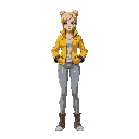 blode woman, wearing a yellow jacket, comic style full length pop art icon singer song, fight game, the king of fighters character