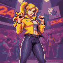 blode woman, wearing a yellow jacket, comic style full length pop art icon singer song, fight game, the king of fighters character