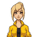 blode woman, wearing a yellow jacket, comic style full length pop art icon singer song, fight game, the king of fighters character