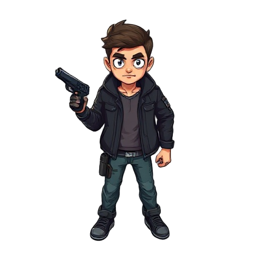 hero for zombie shooter game. he has a gun in his hand.  he is wearing a black jacket. he is a handsome cute boy.