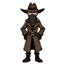 detective styled as a wild west bandit in a full-body t-pose feature a wide-brimmed cowboy hat long trench coat bandana mask covering the lower face belt with a prominent buckle gloves and sturdy boots. eyes should be blank with no irises for a mysterious