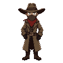 detective styled as a wild west bandit in a full-body t-pose feature a wide-brimmed cowboy hat long trench coat bandana mask covering the lower face belt with a prominent buckle gloves and sturdy boots. eyes should be blank with no irises for a mysterious