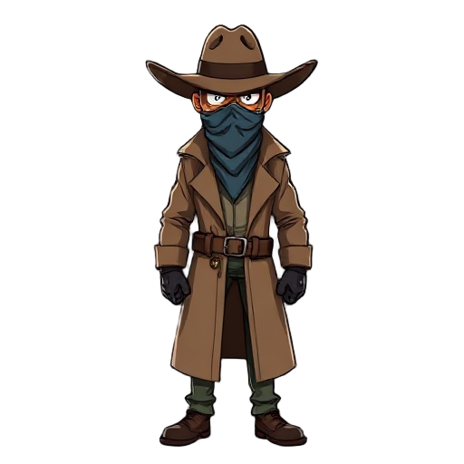 detective styled like a wild west bandit the character should be shown in a full-body t-pose wearing a wide-brimmed cowboy hat, a long trench coat, and a bandana mask covering the lower face the outfit should include a belt with a prominent buckle, gloves