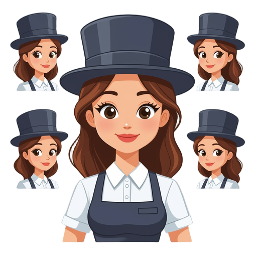 wearing a hat, with 5 heads, cute, female, waiter