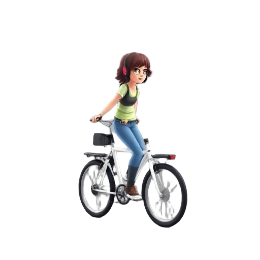 hipster girl riding on white lime bike in profile looking (directed) to the left like 2d plaformer