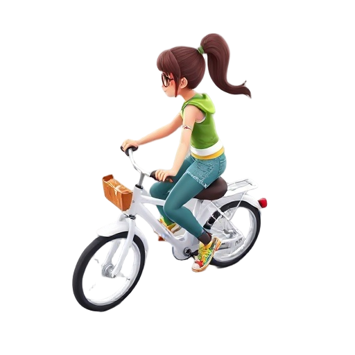 hipster girl riding on white lime bike in profile looking (directed) to the left like 2d plaformer