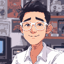 a man in his 30's. short, black hair combed backwards, uses white glasses. his face has a calm expression and a faint smile. wears a white shirt and has a collection of videogames.