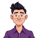 a man in his 30's, black hair combed to the back, white glasses and a violet pique shirt, with videogame elements in the background
