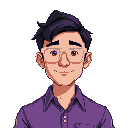 a man in his 30's, black hair, white glasses and a violet pique shirt, with videogame elements in the background