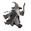 gandalf running. his back an hat being visible.
