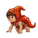 a caveman child crawls on all fours, his back adorned with a glossy chili pepper cape/pelt that shimmers like scales, a salamander pepper pelt with the hood/top shaped like a salamander head sits atop his head, full horizontal side view, black outline, vi