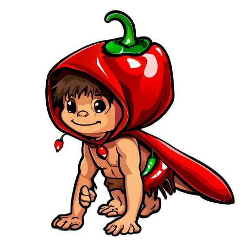 a caveman child crawls on all fours, his back adorned with a glossy chili pepper cape/pelt that shimmers like scales, a cheerful pepper pelt/cape with the hood/top shaped like a salamander head sits atop his head, full horizontal side view, bold black out