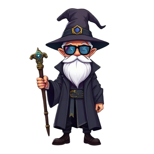 cyberpunk wizard with white beard, cyberpunk glasses, hat and coat, magic stick