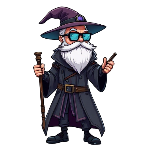 cyberpunk wizard with white beard, cyberpunk glasses, hat and coat, magic stick, looking right