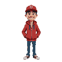 man whos waring red jacket and blue jeans and also have hat with color is red