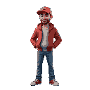 man whos waring red jacket and blue jeans and also have hat with color is red