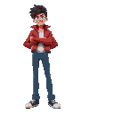 guy who has blue jeans and red jacket who has fluffy hair