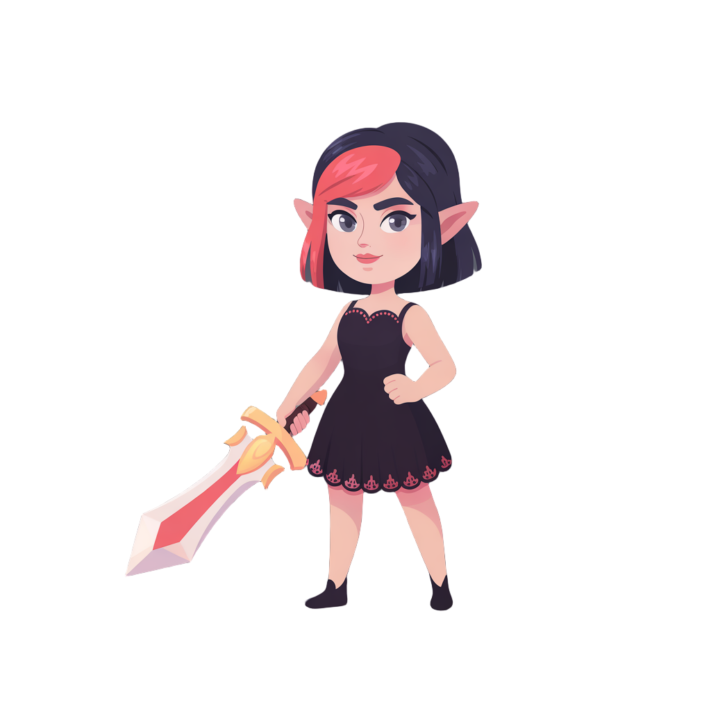 character for game, like from afk arena, character looking good, cute elf women in black loli dress, black and red hair, she is holding sword little realistic and fantasy