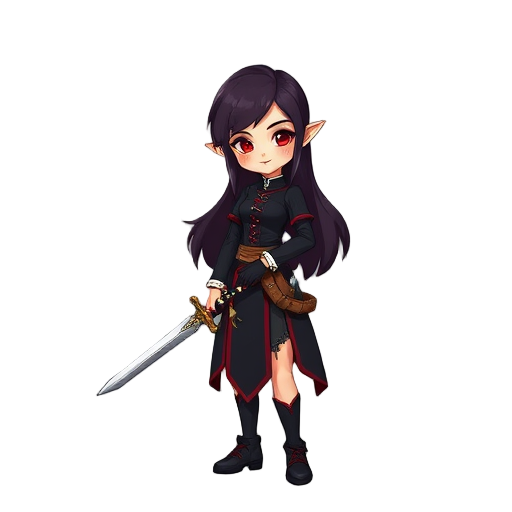character for game, like from afk arena, character looking good, cute elf women in black loli dress, black and red hair, she is holding sword, looking little realistic and fantasy