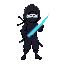 pixel indie ninja character with white eyes, black cool suite and double brilliant blue katana 