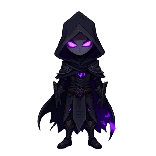 a dark fantasy character standing in a shadowy environment, wearing a tattered black cloak and hood that blends into swirling purple flames. the figure has glowing violet eyes hidden beneath the hood, and wears sleek, jagged armor with a faint purple ener