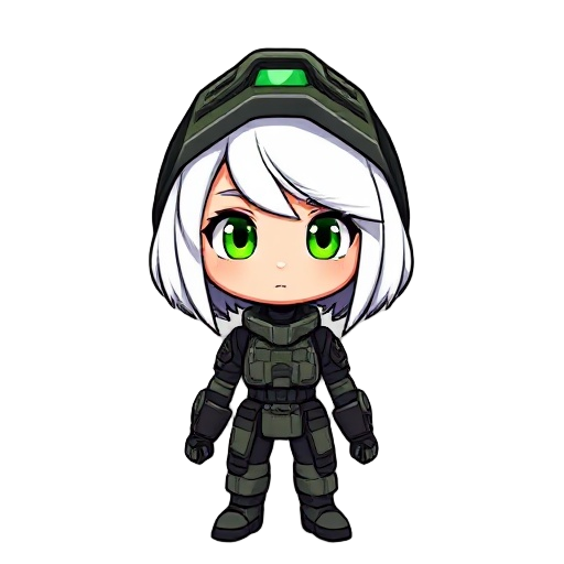 cara de un personaje femenino de cabello corto, color blanco, ojos color verde, lleva puesto un casco como de los marines de halo 3, quiero que tenga una animación donde guiña son el ojo derecho.