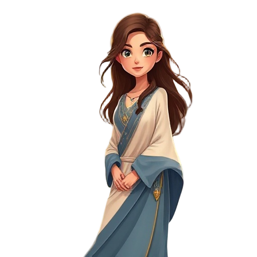 bendy, a serene and protective young woman; warm, confident gaze; long slightly wavy hair moved by a gentle breeze; flowing long tunic in ivory and soft blue with subtle gold accents; welcoming aura. background: riverbank in a forest at golden hour, soft 
