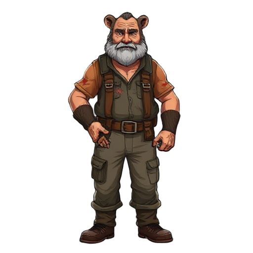 50 year old man with bear and farmer outfit with wounds and apocalypse theme