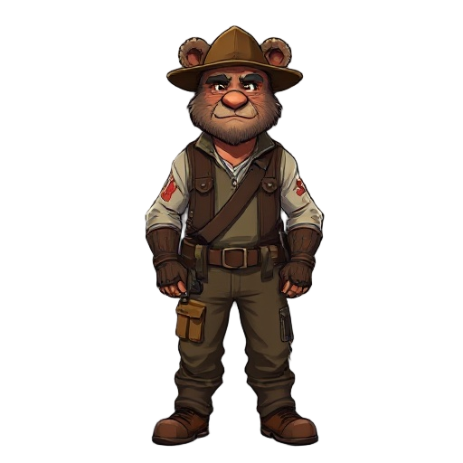 50 year old man with bear and farmer outfit with wounds and apocalypse theme