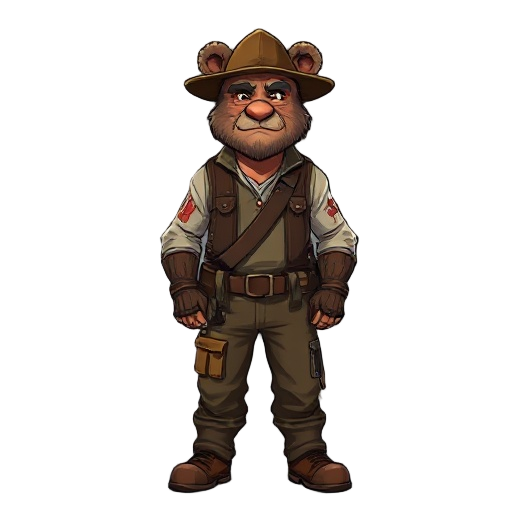 50 year old man with bear and farmer outfit with wounds and apocalypse theme
