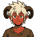 young adult demon with thick, spiky, wild white hair in anime style. twisted ram-like horns spiraling forward. wears old torn clothes. looks happy and kind.