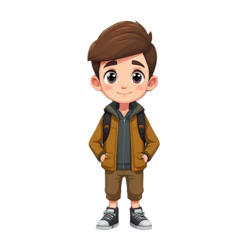 we need a sprite of a simple 2d boy character, with a backpack, in a jacket. he looks at the camera. style: pixel- based