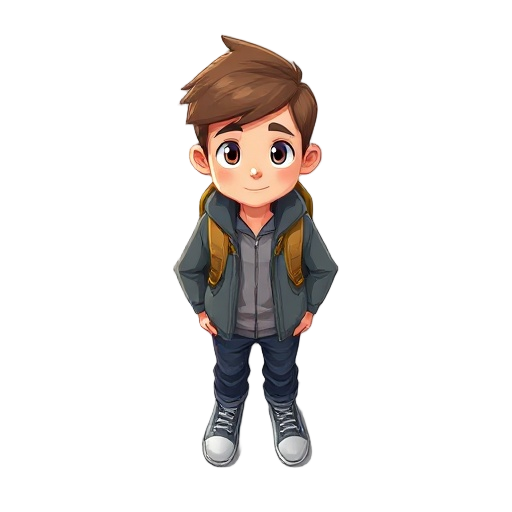 we need a sprite of a simple 2d boy character, with a backpack, in a jacket. looks at the camera