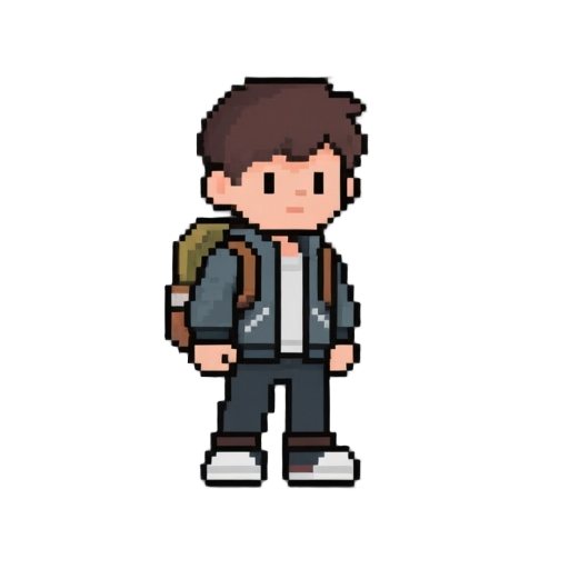 we need a sprite of a simple 2d boy character, with a backpack, in a jacket. he looks at the camera. style: pixel- based