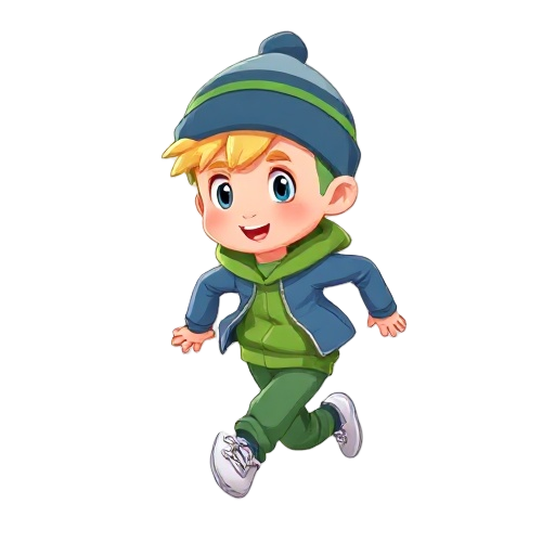 make a boy around 8 years. with blond hairs. wearing a beanie. a green hoodie and pants, and a blue jacket with a zipper. white shoes.  he is running. 