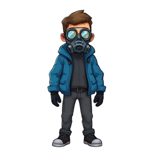 an guy wearing gas mask and blue jacket