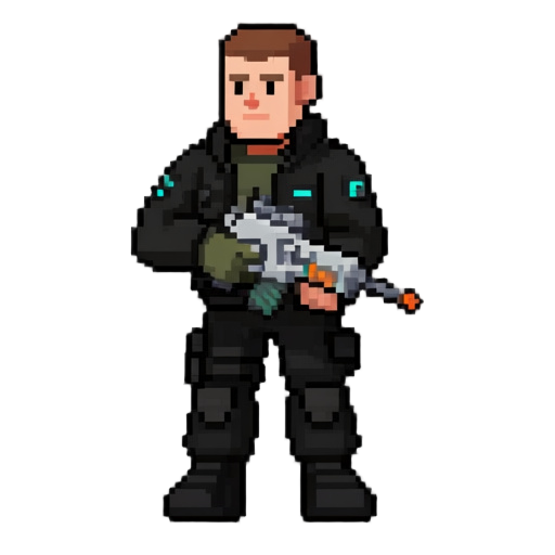 generate 2d model, pixel art, male soldier in black pants and jacket wtih simple futuristic gun