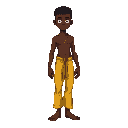 a dark-skinned capoeira fighter with yellow pants, short hair, slender but slightly muscular. shirtless, barefoot, and with a candomblé cord around his neck.