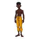 a dark-skinned capoeira fighter with yellow pants, short, tightly curled hair, slender but slightly muscular. he appears to be approximately 25 years old. shirtless, barefoot, and with a candomblé cord around his neck.