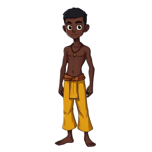 a dark-skinned capoeira fighter with yellow pants, short hair, slender but slightly muscular. shirtless, barefoot, and with a candomblé cord around his neck.