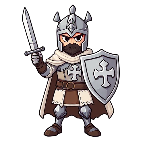 cavaleiro com cabelos ruivos, trajando uma armadura branca com uma cruz dourada no peito, uma capa branca com bordas douradas, empunhando uma espada na mão direita e um escudo na mão esquerda, o escudo e branco com uma cruz dourada desenhado nele